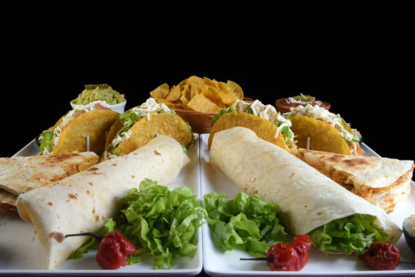 Mexican Food Guacamole Taco Quesadilla Burrito Jalapeno Nachos — Stock Photo, Image