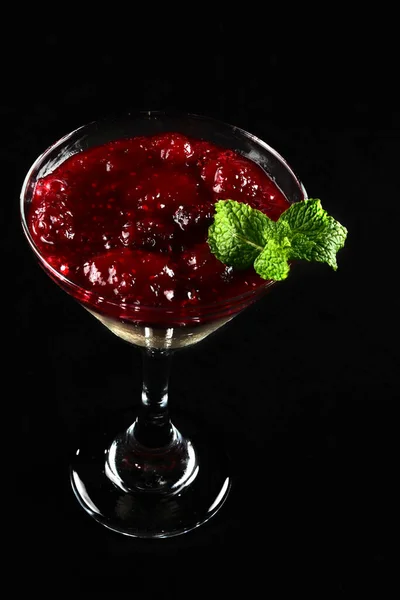Red Fruit Dessert Raspberry Sauce Strawberry Cream Jam Served Glass — Foto de Stock
