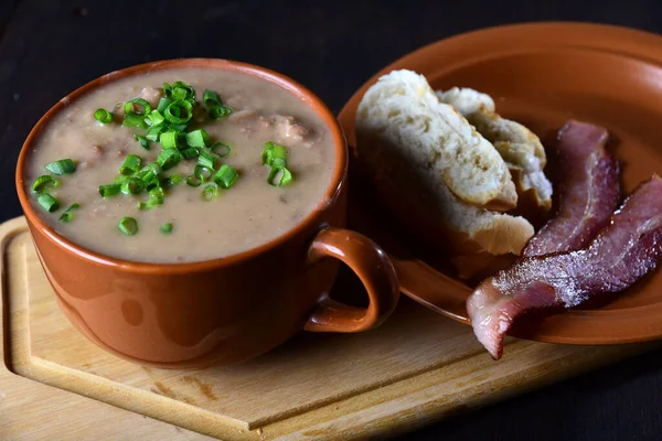 Bean Broth Herbs Bread Bacon Porcelain Bowl Typical Brazilian Food — Stock Photo, Image