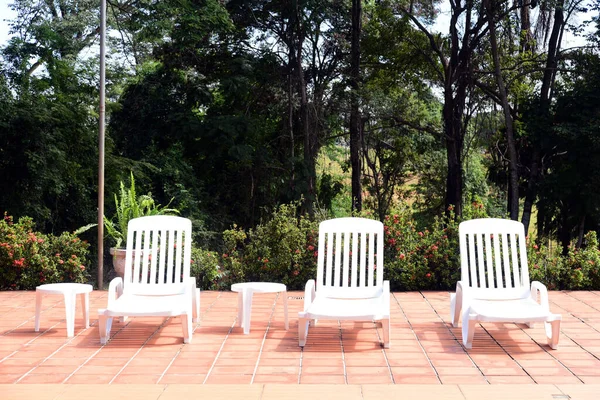 Piscina Con Sillas Blancas Jardín Natural Fondo — Foto de Stock