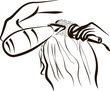 Saç kurutma makinesi ve yuvarlak bir fırçayla uzun kahverengi saçları kurutmak. Yakın plan. Güzellik salonu konsepti tasviri. Hayali bir hikaye ve karakter. çizgi film sanatı