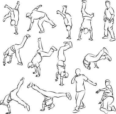 Breakdance dansçılarının siluetleri beyaz arka planda izole edilmiş. Sokak dansı silueti. Hayali karakter ve çerçeve