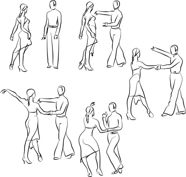 Rumba dance to latin music couple people vector illustration. Cartoon motion of adult woman and man dancers, couple of performers dancing in the ballroom isolated on white.Fictional characters