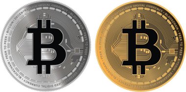 Bitcoin sembollü gümüş ve altın sikkeler beyaz arkaplanda izole