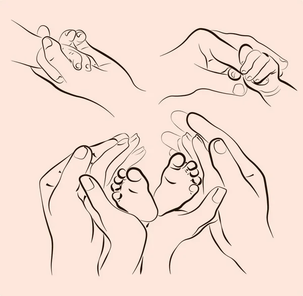 fatherhood and childhood concept illustration set. newborn baby holds mom\'s index finger by the hand. Line sketch of children\'s legs in the hands of mother and father