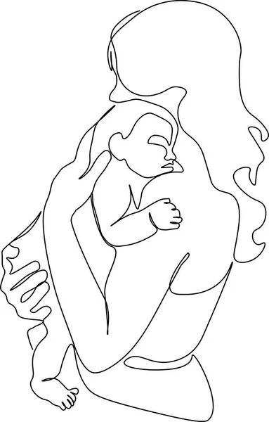 Abstract mother with a child in continuous one line drawing art style. Mother`s Day card. Woman hugging her baby. Happy motherhood concept. Modern illustration