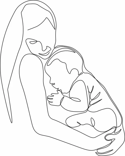 摘要母亲带孩子的连续单线画法 母亲节贺卡 一个女人拥抱和喂养她的孩子 快乐母亲的概念 现代例证 — 图库照片