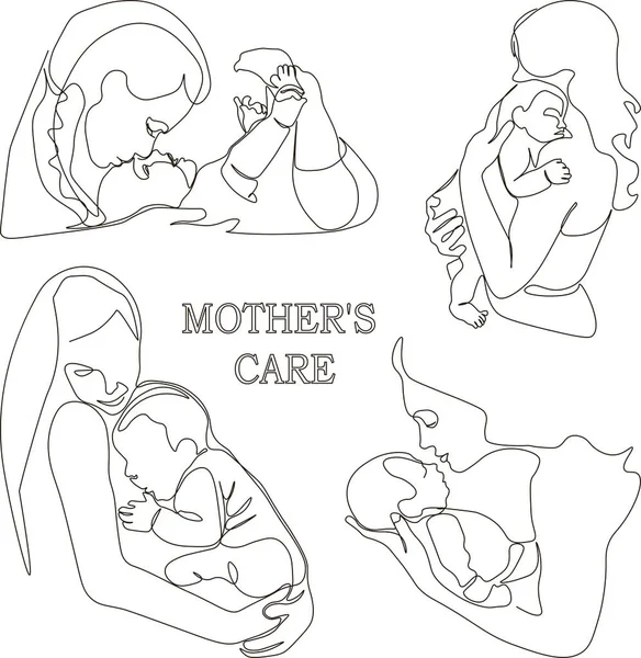 Mother and child collection. Abstract mother with a child in continuous one line drawing art style. Mother`s Day card. Woman hugging her baby. Happy motherhood concept. Modern illustration