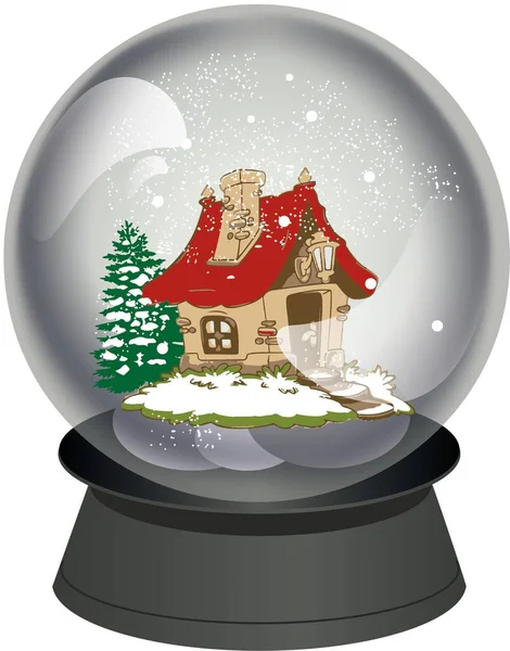 Crystal ball, snow globe with snowy fir tree and house inside, falling snow, realistic holiday decoration. Merry Christmas and Happy New Year 2023.