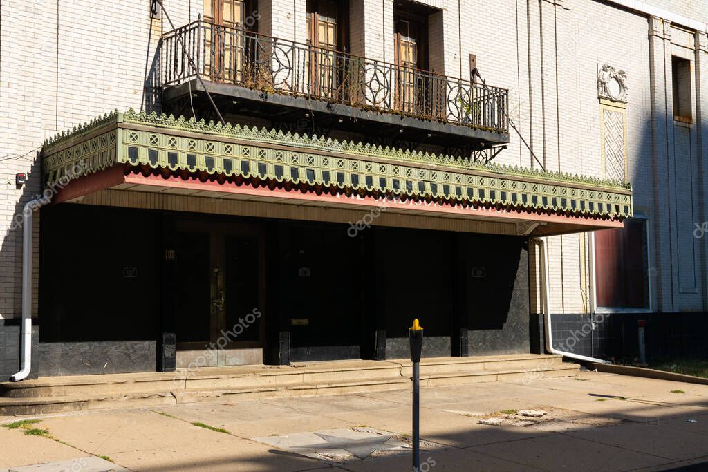 Exterior of old abandoned theater.  Peoria, Illinois, USA.