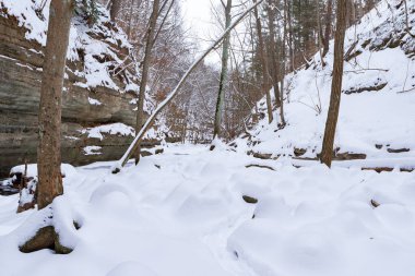 Yukarı Dells 'te karla kaplı bir arazi. Matthiessen Eyalet Parkı, Illinois, ABD.