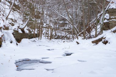 Yukarı Dells 'te karla kaplı bir arazi. Matthiessen Eyalet Parkı, Illinois, ABD.