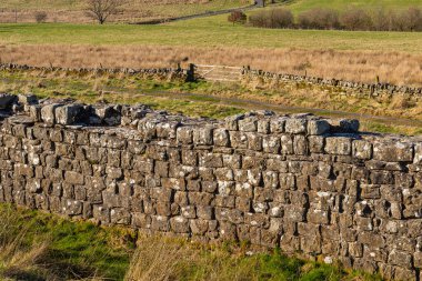Milattan sonra 122 'de öğlen ışığında inşa edilen Hadrian Duvarı' nın kalıntıları. Birdoswald, İngiltere.
