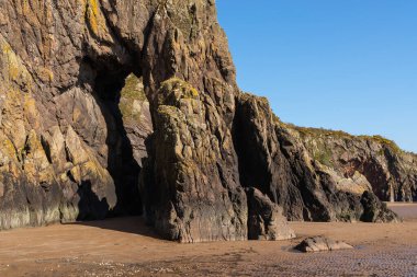 Solway Sahili 'ndeki uçurum duvarları, sabahın geç saatlerinde. Sandyhills Plajı, Dalbeattie, İskoçya.