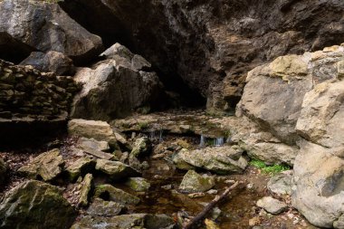 Iowa 'daki Maquoketa Mağarası' nın girişinde küçük bir şelale..