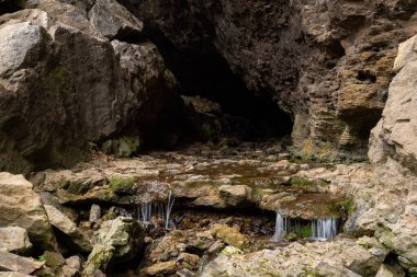 Iowa 'daki Maquoketa Mağarası' nın girişinde küçük bir şelale..