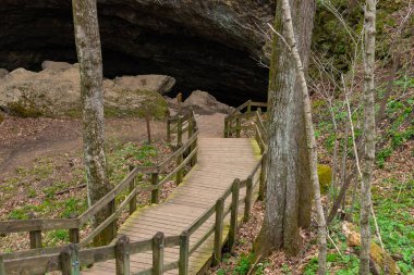 Iowa 'daki Maquoketa Mağarası' ndaki Dancehall Mağarası 'na giden ahşap yol..