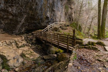 Aşağı Dans Salonu Mağarası 'nın girişindeki mağara duvarları boyunca tahta yol. Maquoketa Mağaraları Eyalet Parkı, Iowa, ABD.