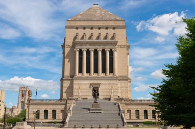 Indianapolis, Indiana - United States - July 29th, 2022: Exterior of the Indiana War Memorial and Museum, built in 1924, on a sunny Summer morning.