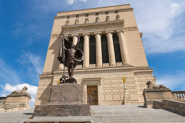 Indianapolis, Indiana - United States - July 29th, 2022: Exterior of the Indiana War Memorial and Museum, built in 1924, on a sunny Summer morning.