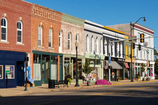 Princeton, Illinois - United States - October 3rd, 2022: Colorful old brick buildings and storefronts in downtown Princeton, Illinois.