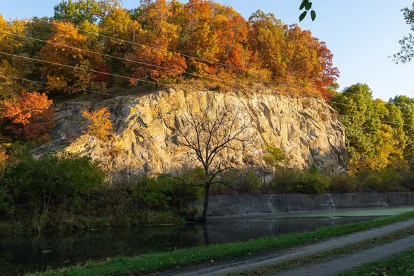 Salida Del Sol Split Rock Histórico Canal Durante Otoño Lasalle —  Fotos de Stock