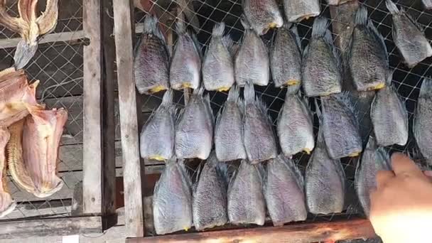 Fechado Peixe Água Doce Seco Fumado Bambu Placa Madeira Para — Vídeo de Stock