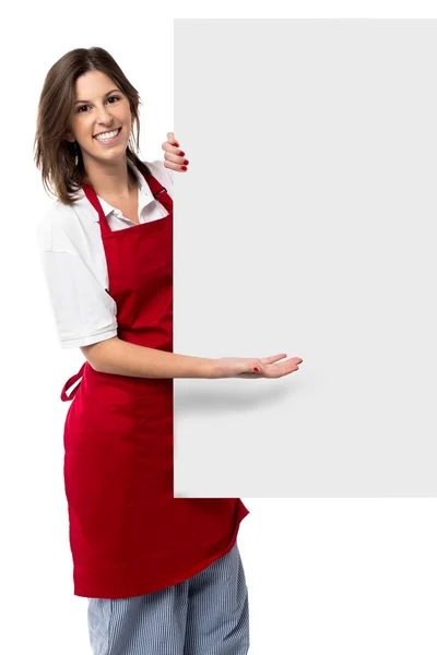 güzel kadın Şef boş bir tabela holding