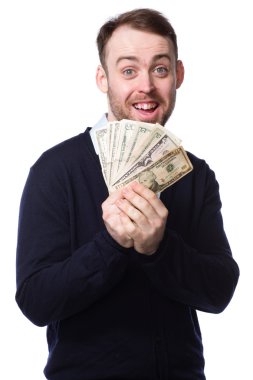 bir avuç dolusu para tutan heyecanlı adam