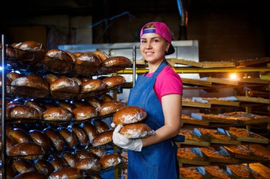 Önlüklü gülümseyen fırıncı kız elinde ekmek, kameraya bakıyor. Genç bayan, elinde taze yemek tutan bir aşçı. Avrupa görünümlü mutlu bir kız fırında gülümsüyor..