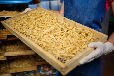 Kız spagetti yapımında çalışıyor. Erişte yapıyorum. Makarna fabrikası. Sahne yapımı makarna. Çiğ erişte. Bir kutu makarnası olan işçi..