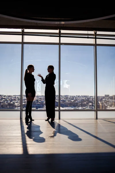 Dos Mujeres Negocios Disfrutando Vista Ciudad Hablando Mientras Están Pie — Foto de Stock