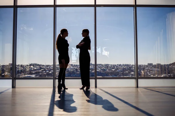 Dos Mujeres Negocios Disfrutando Vista Ciudad Hablando Mientras Están Pie — Foto de Stock