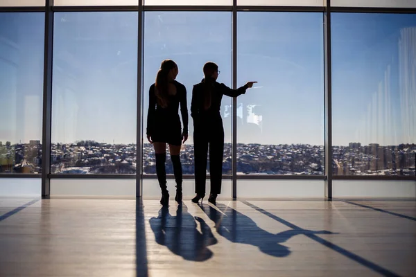 Dos Mujeres Negocios Disfrutando Vista Ciudad Hablando Mientras Están Pie — Foto de Stock