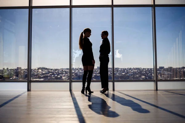 Duas Mulheres Negócios Desfrutando Vista Cidade Conversando Enquanto Estão Lado — Fotografia de Stock