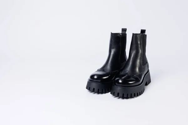 Women Black Boots Genuine Leather Rough Sole Laces New Collection — Stock Photo, Image