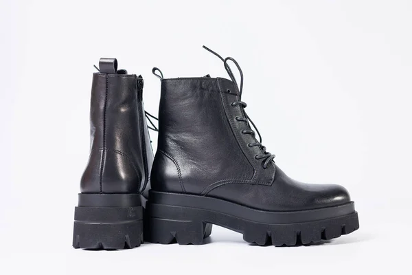 Women Black Leather Boots White Background Shoes Options Its Layout — 스톡 사진