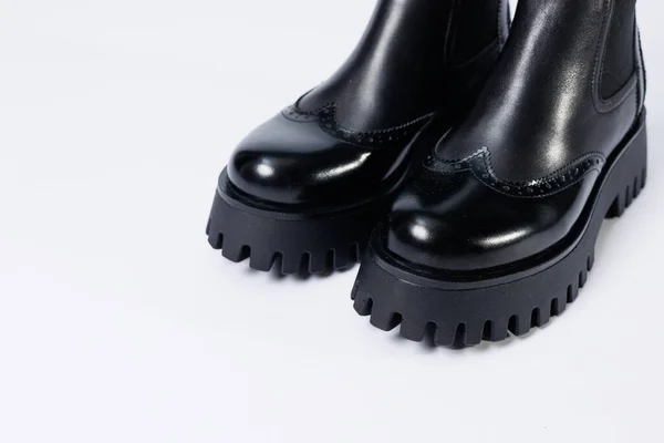 Women Black Boots Genuine Leather Rough Sole Laces New Collection — Stockfoto