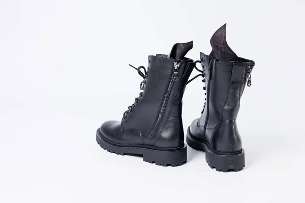 Black Women Leather Lace Boots New Collection White Background Leather — 图库照片