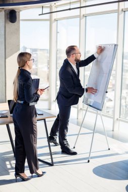 Şirket toplantıları, iş ekibi organizasyonları ve iş yerindeki grafikler, grafikler ve iş aksesuarlarıyla yeni bir başlangıç projesiyle çalışma planları.