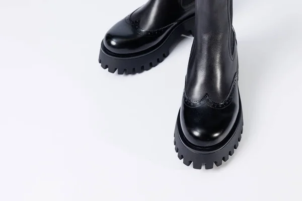 Women Black Boots Genuine Leather Rough Sole Laces New Collection — 스톡 사진