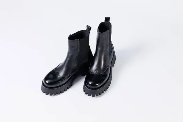 Women Black Boots Genuine Leather Rough Sole Laces New Collection — 图库照片