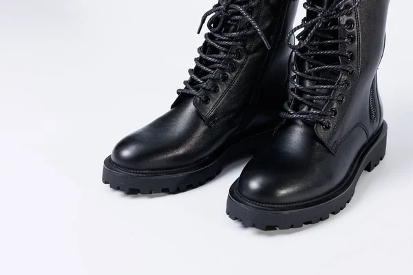 Black Women Leather Lace Boots New Collection White Background Leather — 스톡 사진