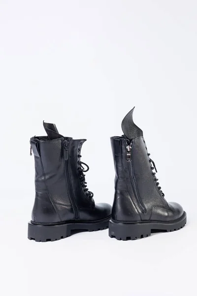Black Women Leather Lace Boots New Collection White Background Leather — 图库照片