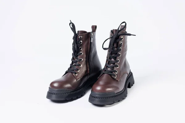 Graceful Women Leather Demi Season Ankle Boots Low Heels Studio — Stok fotoğraf
