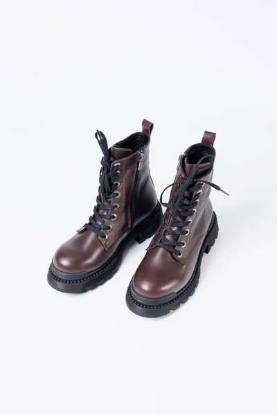 Graceful Women Leather Demi Season Ankle Boots Low Heels Studio — Fotografia de Stock