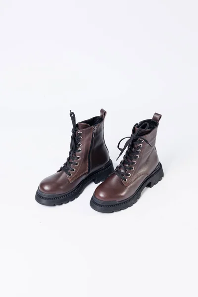 Graceful Women Leather Demi Season Ankle Boots Low Heels Studio — Stock Photo, Image