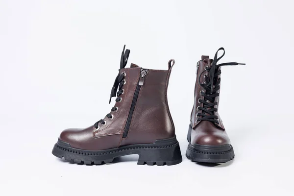 Graceful Women Leather Demi Season Ankle Boots Low Heels Studio — Stock Photo, Image