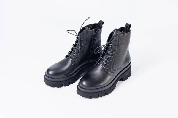 Women Black Leather Boots White Background Shoes Options Its Layout — Photo