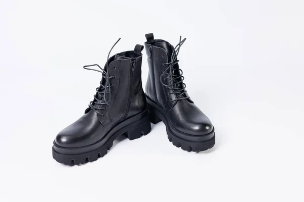 Women Black Leather Boots White Background Shoes Options Its Layout — Photo